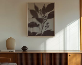 Póster decorativo moderno con motivos botánicos y ramas, estampado de sombra neutra.