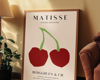 Estampado de cerezas inspirado en Matisse, decoración de cocina abstracta minimalista (descarga digital)