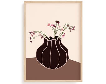 Lámina minimalista de jarrón de flores, póster botánico escultórico, arte de naturaleza muerta escandinava.