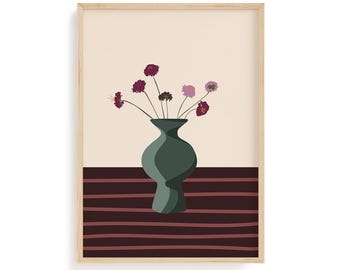 Lámina con estampado de jarrón de flores moradas, naturaleza muerta escandinava, póster de arte botánico para pared