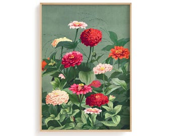 Vintage Zinnia Botanical Print, Romantic Floral Garden Artwork (Physical Poster)