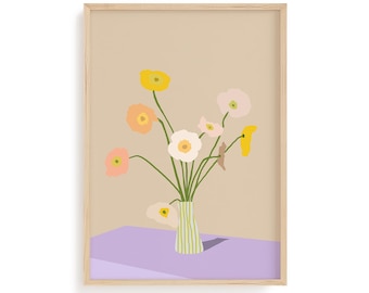 Modern Flower Vase Wall Art, Scandinavian Botanical Poster, Pastel Flower Arrangement, Contemporary  (Digital Download)
