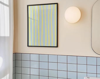 Blue Yellow Stripe Print, Coastal Mediterranean Wall Art, Hand-Painted Poster