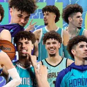 以下が含まれることがあります： ターコイズと紫色のホーネッツのジャージを着たバスケットボール選手の複数の画像を集めたコラージュ。画像は、バスケットボールを持っているものなど、さまざまなポーズの選手を示しています。背景には稲妻のグラフィックがあります。