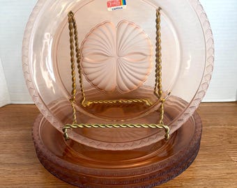 Vintage Fostoria Captiva Pink Glass Plates Set of 4 | 10 Inch Blush Depression Glass Dinner Plates | Etched Floral Vintage Tableware