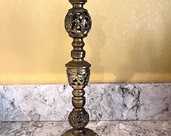 Vintage Brass Filigree Candlestick Holder Pierced Openwork Gothic Boho Hollywood Regency Candle Holder