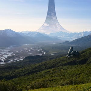 May include: A landscape featuring a large ring structure in the sky, snow-capped mountains, and a green hillside. A futuristic building is on the hillside, with a river winding through the valley below. The sky is clear blue.