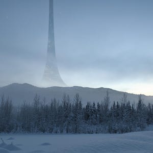 以下が含まれることがあります： 雪と木々のある冬の風景。背景には、霧に覆われた高い構造物が空にそびえ立っています。空は淡い青色で、寒く孤独な雰囲気を醸し出しています。