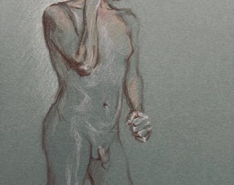 Standing Male Nude on Green Toned Paper