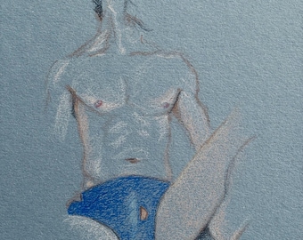 Sitting Male in Blue Briefs on Blue Paper