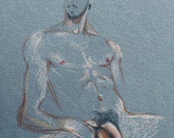 Reclining Male Nude on Blue Toned Paper