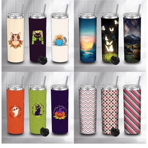 May include: A collection of stainless steel insulated tumblers with various designs. The designs include a cat, a landscape, butterflies, and geometric patterns. Each tumbler has a silver straw and a black lid. The tumblers are designed for cold and hot beverages.