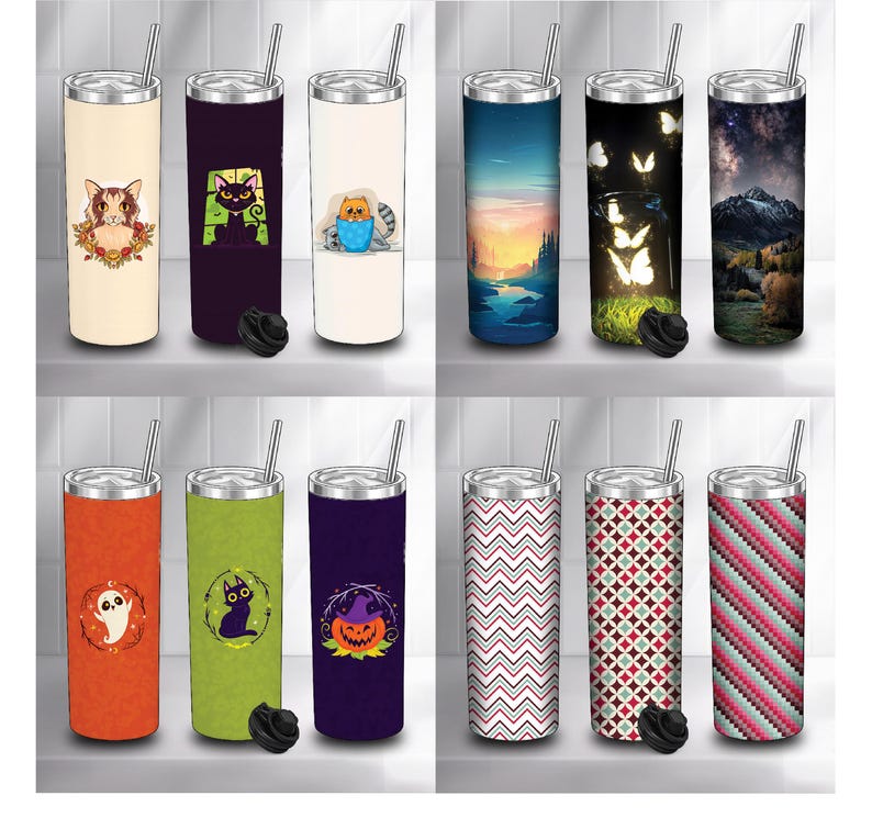 May include: A collection of stainless steel insulated tumblers with various designs. The designs include a cat, a landscape, butterflies, and geometric patterns. Each tumbler has a silver straw and a black lid. The tumblers are designed for cold and hot beverages.