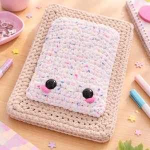 May include: A handmade crochet tablet case in a light beige color, with a white, speckled, rectangular design on top. The white section has two black button eyes and pink accents. The case is on a wooden surface with pens and a notebook.