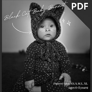 Black Cat Baby Bonnet Crochet Pattern - Sizes to suit 0-5 years+ - Instant Download PDF