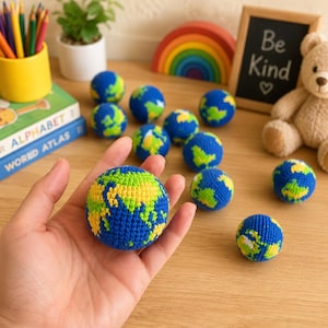 May include: A collection of blue, yellow, and green crocheted globe-shaped toys. One is held in a hand, with others scattered on a wooden surface. A small chalkboard with "Be Kind" is in the background.
