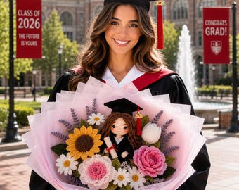 Custom Crochet Graduation Bouquet, Best-seller Gift, Class of 2026 with Custom Graduate Doll & Flowers