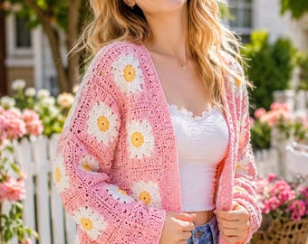 Cardigan tournesol fait main au crochet - Pull fleuri bohème, coton respectueux de l'environnement, mode douillette de la fête du printemps