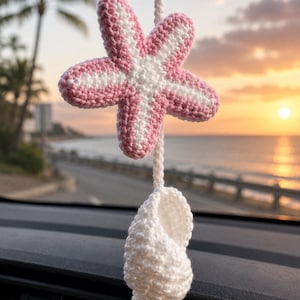 Custom Crochet Starfish & Seashell Car Charm, Cotton Rearview Mirror Hanging Ornament, Coastal Car Decor