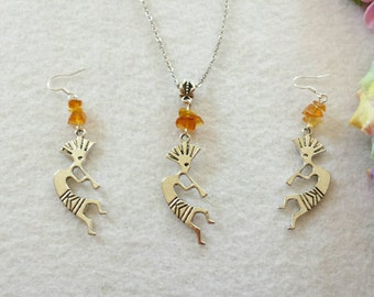 Tribal, Kokopelli Jewelry. Aborigine Set of Necklace and earrings.