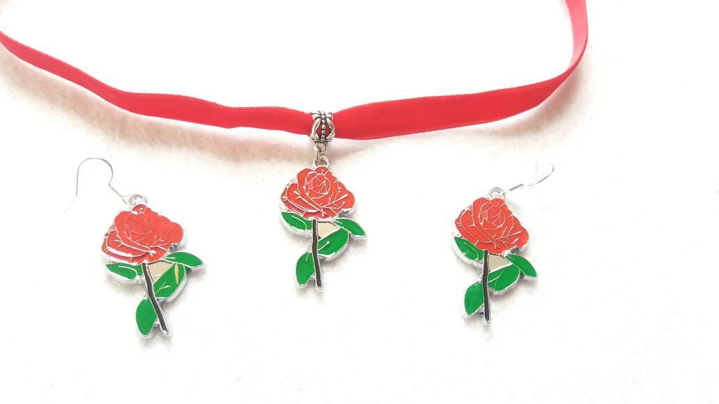 Belle Inspired Jewelry. Set of Red Rose Necklace and Earrings Etsy