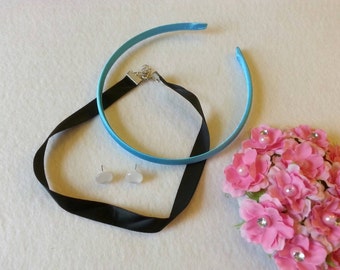 Blue Princess  Accessories Set of Headband, Choker and Earrings. Original Look.