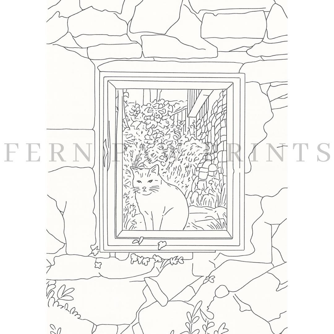 Grumpy Cat in Window Line Drawing - Printable Coloring Minimal Design ...