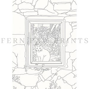 May include: Line drawing of a cat sitting in a window, framed by a stone wall. The cat is looking out at a garden scene. The text "FERN PRINTS" is visible in the image.