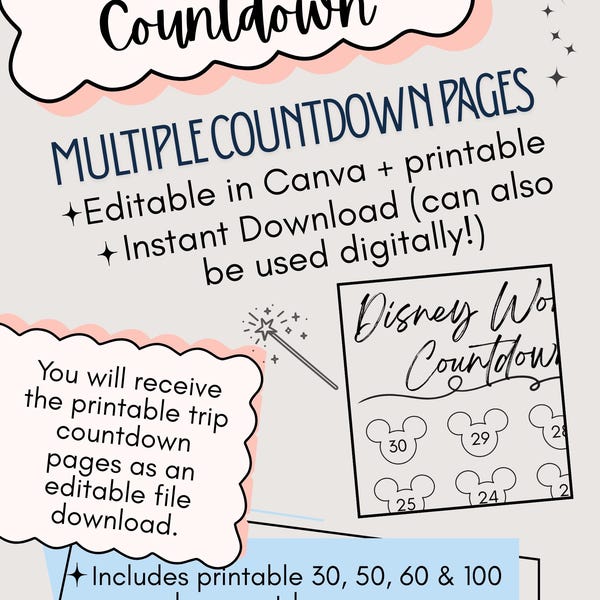 Disney World Printable Trip Countdown |  Vacation Printable Countdown | Disney Vacation Countdown | Trip Countdown for Kids & Families