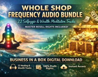 以下が含まれることがあります： WHOLE SHOP FREQUENCY AUDIO BUNDLE 22 Solfeggio & Wealth Meditation Tracksというタイトルのデジタルダウンロードバンドル。画像には、カラフルなチャクラを持つ瞑想するシルエット、お金が入った宝箱、上昇する緑色のグラフが描かれています。