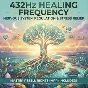 May include: Digital artwork promoting 432Hz healing frequency for nervous system regulation and stress relief. The image shows a stylized tree with glowing branches, set against a sunset landscape with text that reads "Master Resell Rights (MRR) Included!"