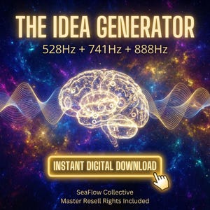 Puede incluir: Gráfico digital con el texto "THE IDEA GENERATOR" y números de frecuencia. Una ilustración de cerebro brillante está centrada, con un fondo cósmico. Las palabras "INSTANT DIGITAL DOWNLOAD" están en un cuadro resaltado.
