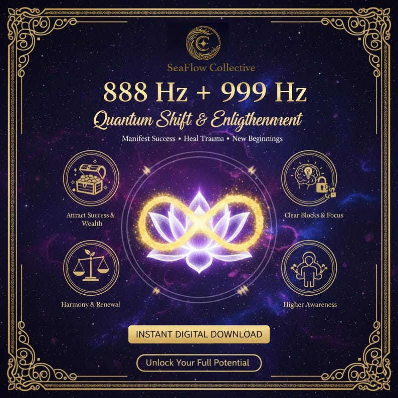 May include: Digital download graphic with a dark blue background and gold accents. The text reads "888 Hz + 999 Hz Quantum Shift & Enlightenment." Includes icons for success, healing, and new beginnings. The image features a lotus flower and an infinity symbol.