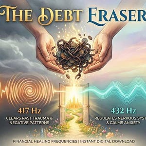 May include: Digital art titled "The Debt Eraser" depicts hands holding a chain and coins, with text indicating frequencies for healing. The image includes text about clearing trauma and calming anxiety, with the words "Financial Healing Frequencies | Instant Digital Download."