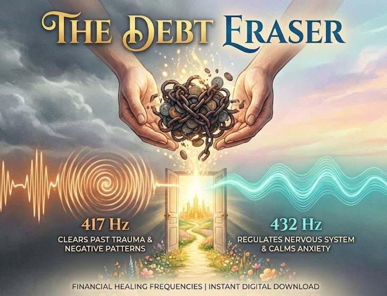 May include: Digital art titled "The Debt Eraser" depicts hands holding a chain and coins, with text indicating frequencies for healing. The image includes text about clearing trauma and calming anxiety, with the words "Financial Healing Frequencies | Instant Digital Download."