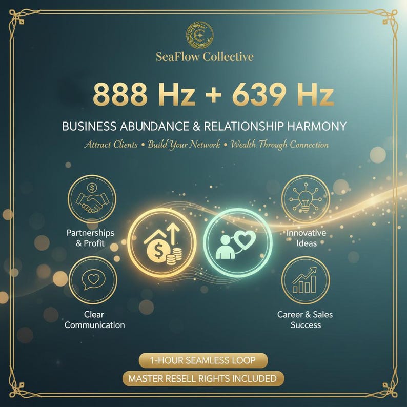 May include: A teal and gold graphic with the text "SeaFlow Collective" and "888 Hz + 639 Hz". The graphic promotes "Business Abundance & Relationship Harmony" with icons for partnerships, ideas, and success. Includes "1-HOUR SEAMLESS LOOP" and "MASTER RESELL RIGHTS INCLUDED".