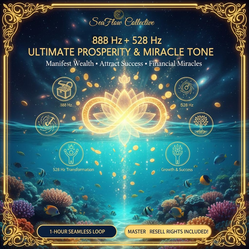 May include: Digital art promoting "Ultimate Prosperity & Miracle Tone" with text and graphics. The image features a lotus flower, gold coins, and underwater imagery with fish and coral. Text includes "Sea Flow Collective" and "888 Hz + 528 Hz".