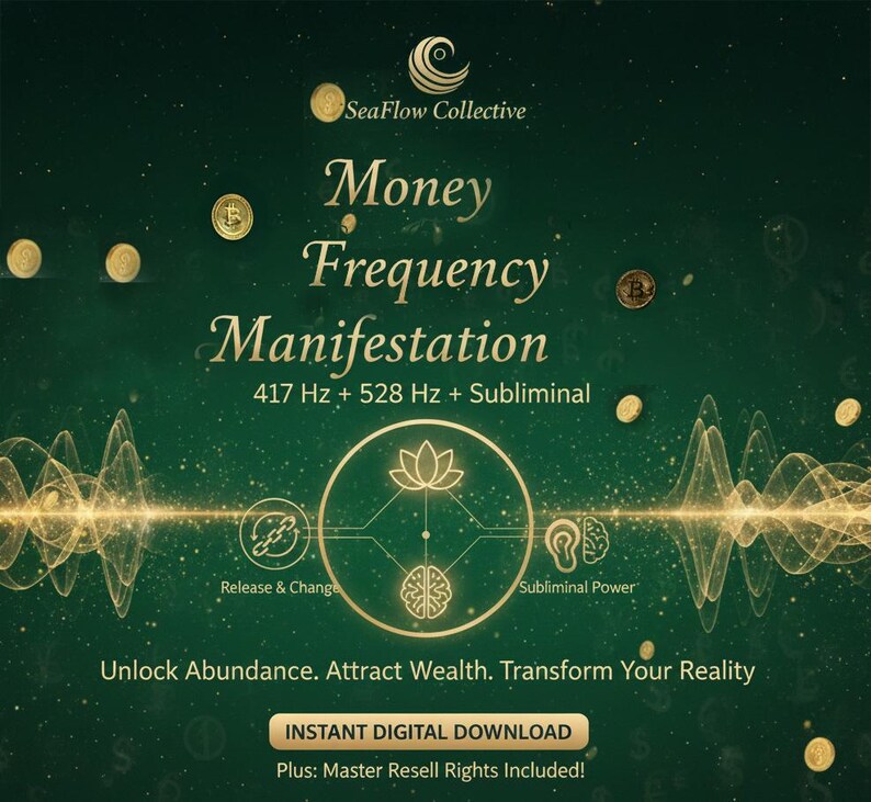 May include: A digital download graphic with a dark green background and gold accents. The text reads "Money Frequency Manifestation" with frequencies listed. Includes a lotus flower and brain graphic. The text "Unlock Abundance. Attract Wealth. Transform Your Reality" is also present.