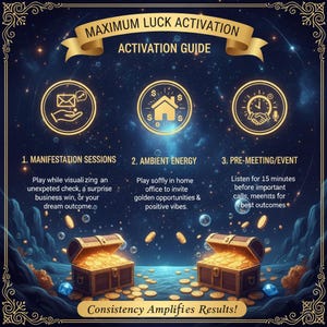 May include: An illustrated guide with the text "MAXIMUM LUCK ACTIVATION" and "ACTIVATION GUIDE". It features gold icons, treasure chests overflowing with coins, and the phrase "Consistency Amplifies Results!"