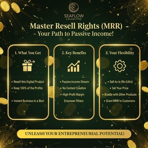 May include: A promotional graphic with a dark green background and gold accents. It features the text "Master Resell Rights (MRR) - Your Path to Passive Income!" and lists benefits like passive income and instant business.