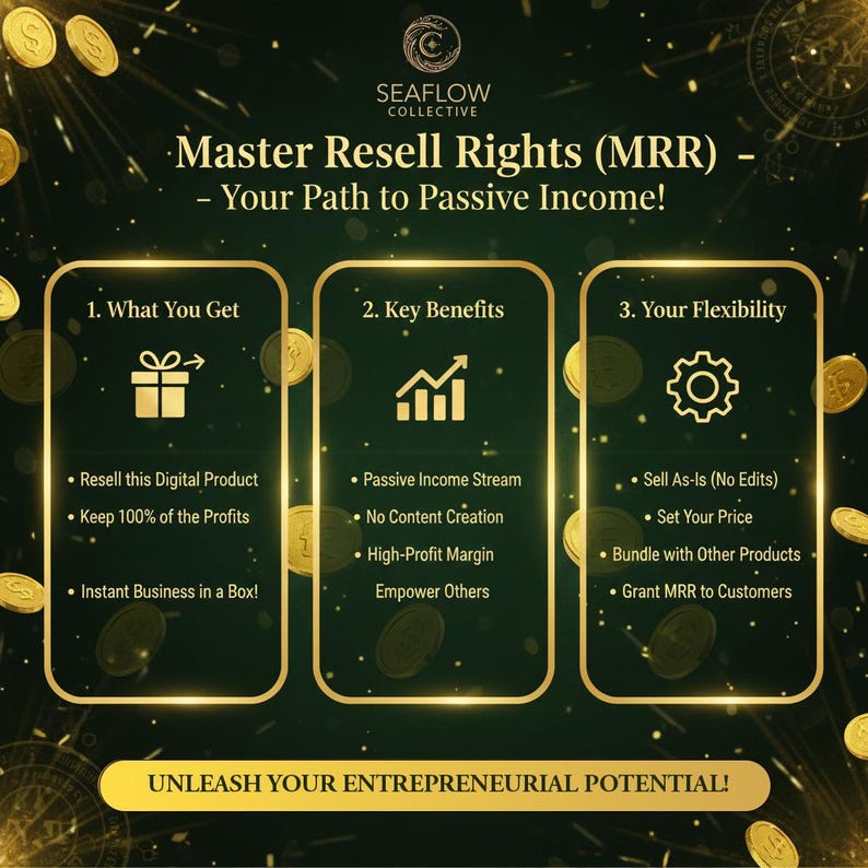 May include: A promotional graphic with a dark green background and gold accents. It features the text "Master Resell Rights (MRR) - Your Path to Passive Income!" and lists benefits like passive income and instant business.