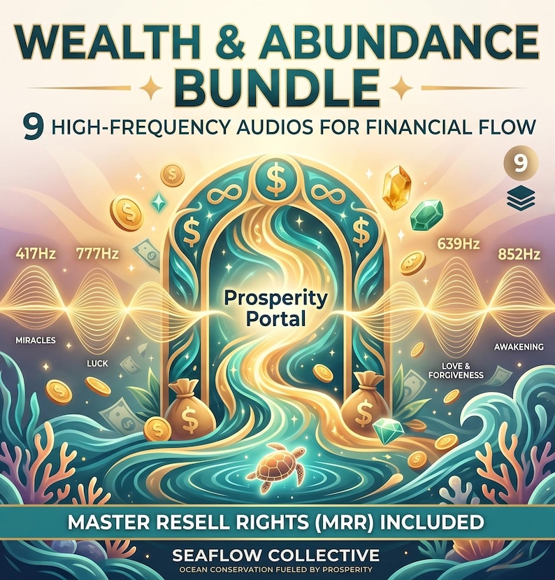 May include: Digital artwork promoting a "Wealth & Abundance Bundle" with the text "9 High-Frequency Audios for Financial Flow." The image features a portal design with dollar signs, coins, gems, and ocean elements. The text "Prosperity Portal" is visible.