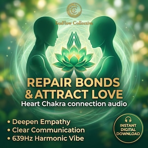 May include: A digital graphic featuring two green silhouettes facing each other with a lotus flower between them. Text reads: SeaFlow Collective, REPAIR BONDS & ATTRACT LOVE, Heart Chakra connection audio, Deepen Empathy, Clear Communication, 639Hz Harmonic Vibe, INSTANT DIGITAL DOWNLOAD.