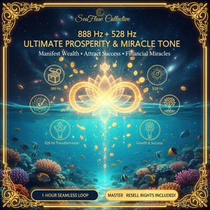 May include: Digital artwork with a gold frame depicting an underwater scene. Text includes "Sea Flow Collective" and "ULTIMATE PROSPERITY & MIRACLE TONE." The image features a lotus flower, coins, and fish, with the text "1-HOUR SEAMLESS LOOP."