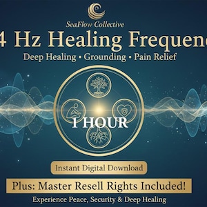 Puede incluir: Gráfico digital con texto: "174 Hz Healing Frequency" y "Deep Healing, Grounding, Pain Relief." Un diseño circular dorado presenta iconos y el texto "1 HOUR." La imagen incluye el texto "Instant Digital Download" y "Plus: Master Resell Rights Included!"