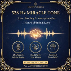 May include: A digital graphic with a dark blue background and gold detailing. The text reads "528 Hz MIRACLE TONE" and "Love, Healing & Transformation." Icons represent DNA repair, heart chakra, and stress relief. The image includes the text "Instant Digital Download."