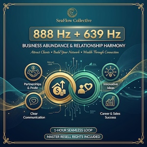 Puede incluir: Gráfico digital con el texto "SeaFlow Collective" y "888 Hz + 639 Hz". El gráfico promueve la abundancia empresarial y la armonía en las relaciones, con iconos que representan asociaciones, ganancias, ideas innovadoras y éxito profesional.