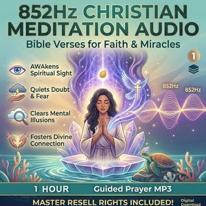 Könnte beinhalten: Digitalgrafik für 852Hz Christian Meditation Audio. Das Bild zeigt eine meditierende Frau, umgeben von spirituellen Symbolen und Text. Enthält Bibelverse für Glauben und Wunder, mit dem Text "Master Resell Rights Included!"