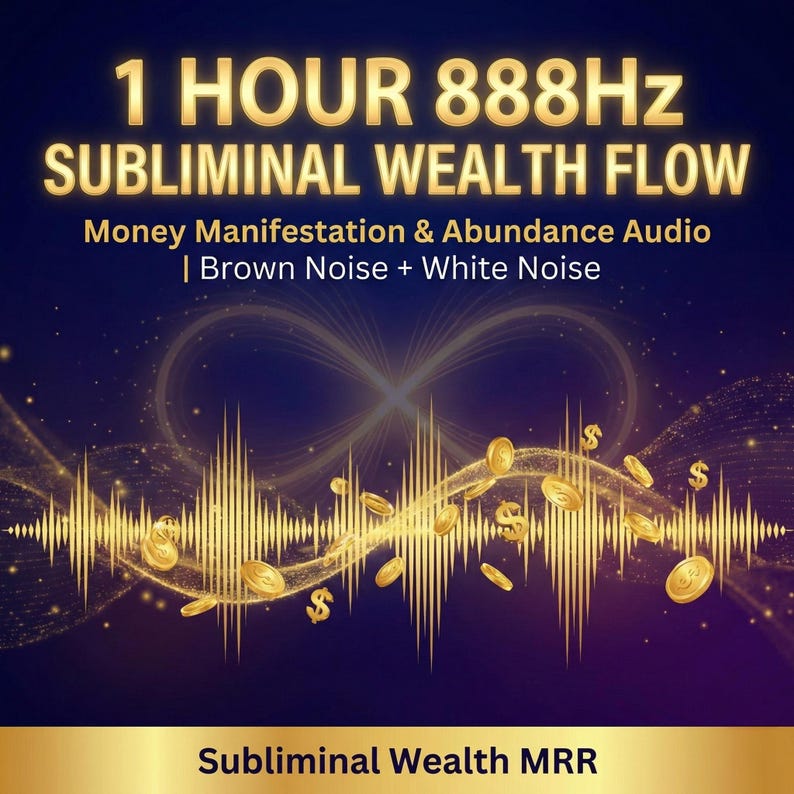 May include: A digital graphic with gold text that reads "1 HOUR 888Hz SUBLIMINAL WEALTH FLOW". The image includes the text "Money Manifestation & Abundance Audio | Brown Noise + White Noise". Gold coins with dollar signs float above a sound wave design.