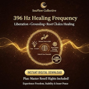 Pode incluir: Anúncio de download digital da SeaFlow Collective, apresentando uma frequência de cura de 396 Hz. O design inclui detalhes dourados, um gráfico circular com ícones e as frases "Liberte o medo e a culpa" e "Desbloqueie seu potencial."